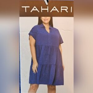 Tahari Blue Short Sleeve Tiered Ruffle Smock Dress, NWT, Large